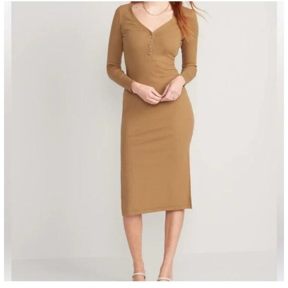 New! Old Navy Ribbed Fitted Henley Midi Dress Tan Medium Tall Long Sleeve V-Neck - Picture 1 of 9
